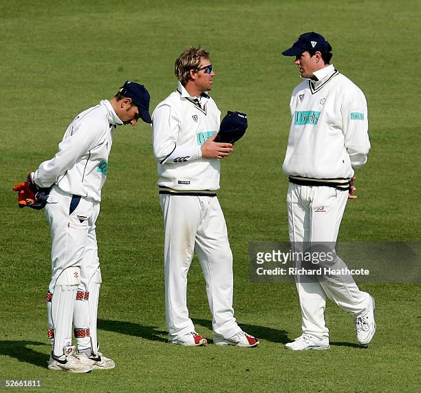 Shane Warne and Kevin Pietersen of Hampshire talk during the Frizzell County Championship Division 1 match between Sussex and Hampshire, at Hove...
