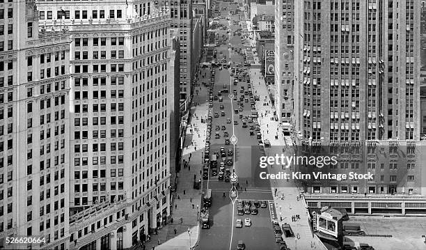 View looking north from the 400 block of Michigan with Tribune Tower on the right and the Wrigley Building on the left.