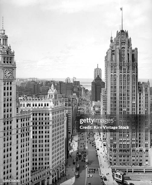 View looking north from the 400 block of Michigan with Tribune Tower on the right and the Wrigley Building on the left.