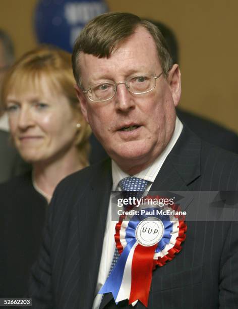 Ulster Unionist Party leader David Trimble listens to reporters questions during the launch of the Party's manifesto on April 20, 2005 in Belfast,...