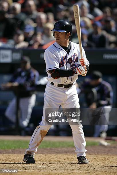 Kazuo Matsui of the New York Mets bats during the game against the Houston Astros at Shea Stadium on April 11, 2005 in Flushing, New York. The Mets...