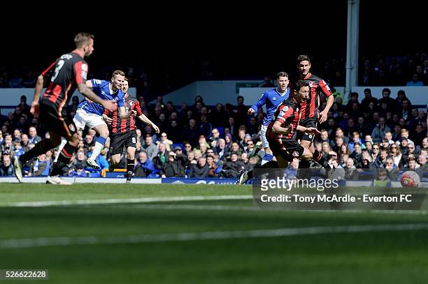 April 30: Tom Cleverley shoots to score during the Barclays Premier League match between Everton and A.F.C. Bournemouth at Goodison Park on April 30,...