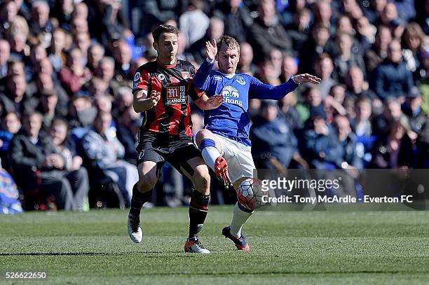 April 30: Tony Hibbert of Everton challenges Marc Pugh during the Barclays Premier League match between Everton and A.F.C. Bournemouth at Goodison...