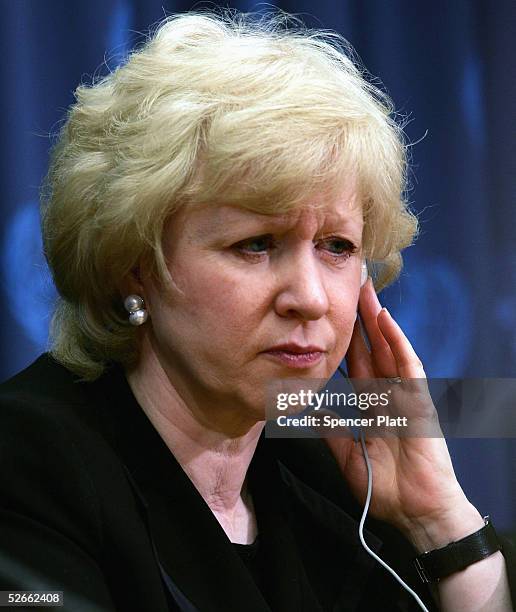 Kim Campbell, former Prime Minister of Canada, speaks at a news conference to discuss the Alan Cranston Peace Award at the United Nations April 20,...