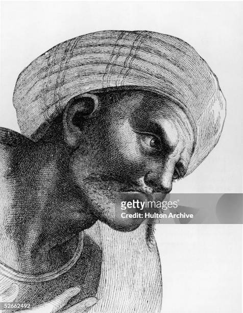 Portrait of Moorish philosopher and physician Averroes in a turban, 12th Century. Averroes adapted Aristotle's theories to Islamic theology and much...