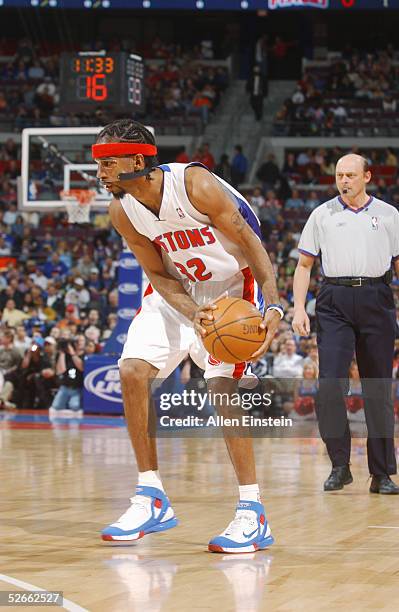 Richard Hamilton of the Detroit Pistons holds the ball against the Dallas Mavericks during the game at The Palace of Auburn Hills on March 28, 2005...