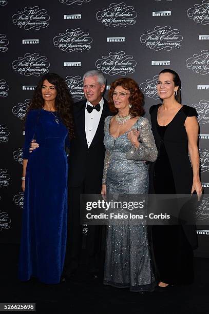 Afef Jenin, Marco Tronchetti Provera, Sophia Loren and Roberta Armani attend the Pirelli Calendar 50th Anniversary event on November 21, 2013 in...