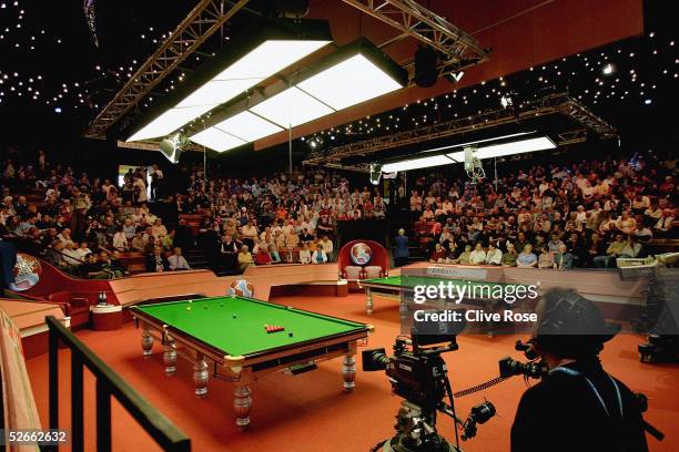 An interior view of the Crucible Theatre at the Embassy World Snooker Finals on April 20, 2005 in Sheffield, England.