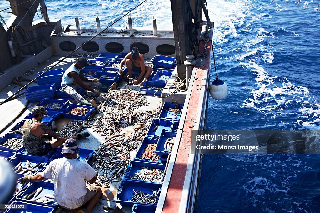 Fishermen working on fishing trawler