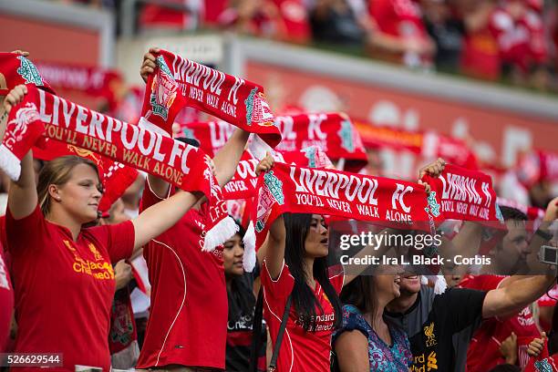 Liverpool FC fans waving scarves during Soccer, 2014 Guinness International Champions Cup Match between Manchester City and Liverpool FC on July 30,...