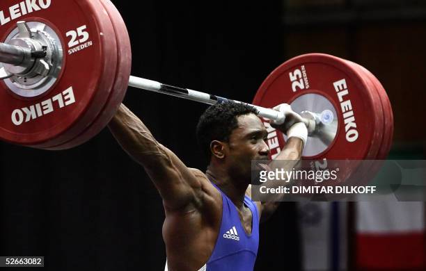 Samson Ndicka of France competes in the men's 62 kg during the European Weightlifting Championship in Sofia, 20 April 2005. Halil Mutlu of Turkey won...