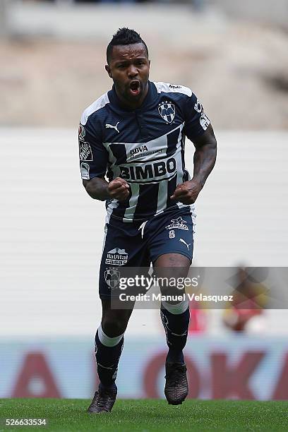 Dorlan Pabon of Monterrey celebrates after scoring the first goal of his team during the 16th round match between America and Monterrey as part of...