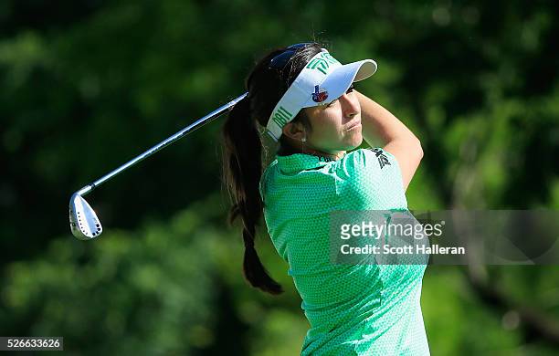 Gerina Piller hits her tee shot on the 13th hole during the third round of the Volunteers of America Texas Shootout at Las Colinas Country Club on...