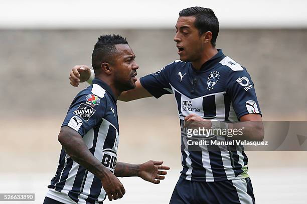 Dorlan Pabon of Monterrey celebrates with teammate Rogelio Funes Mori after scoring the first goal of his team during the 16th round match between...