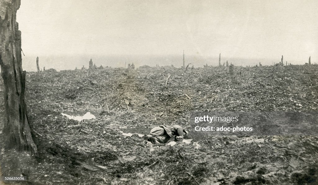 World War I. German corpse in a shell hole (France). In 1918