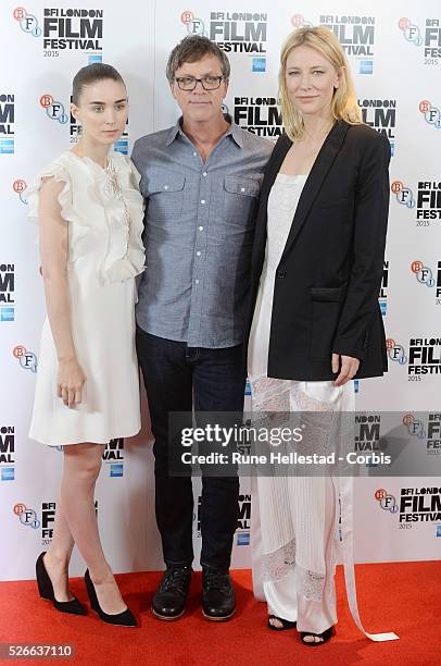 Rooney Mara, Todd Haynes and Cate Blanchett attend a photo call for Carol at London Film Festival at The May Fair Hotel.