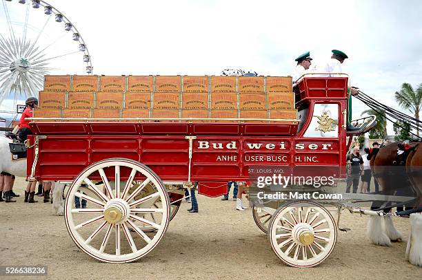 The Budweiser wagon and Clydesdale horses are seen during 2016 Stagecoach California's Country Music Festival at Empire Polo Club on April 30, 2016...