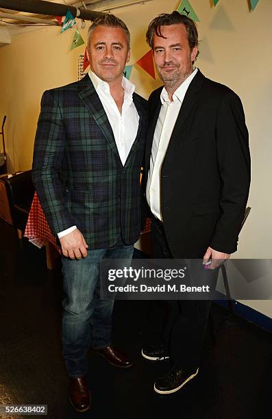 Matt LeBlanc and Matthew Perry pose backstage following a performance of "The End Of Longing", Matthew Perry's playwriting debut which he stars in at...