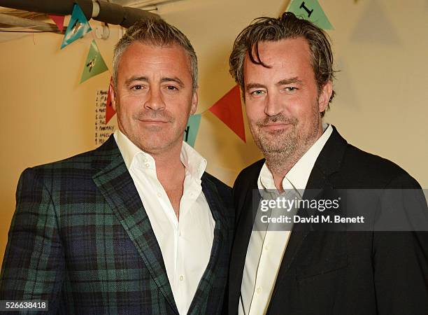 Matt LeBlanc and Matthew Perry pose backstage following a performance of "The End Of Longing", Matthew Perry's playwriting debut which he stars in at...