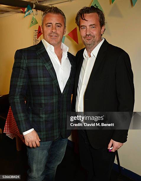 Matt LeBlanc and Matthew Perry pose backstage following a performance of "The End Of Longing", Matthew Perry's playwriting debut which he stars in at...