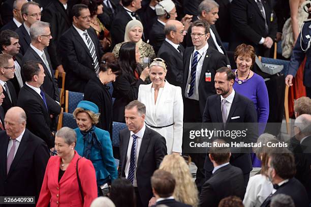 Crown Prince Haakon and Crown Princess Mette- Marit attend the Nobel Peace Prize award ceremony at Oslo City Hall.