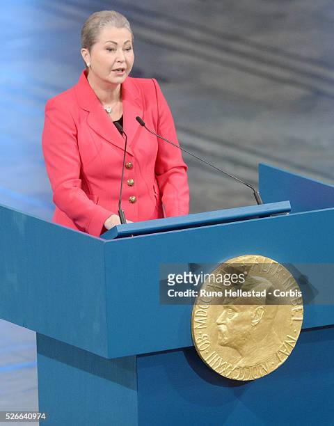 Kaci Kullmann Five attends the Nobel Peace Prize award ceremony at Oslo City Hall.