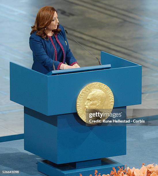 Nobel Peace Prize 2015 laureate The Tunisian National Dialogue Quartet's Ouided Bouchamaoui attends the Nobel Peace Prize award ceremony at Oslo City...