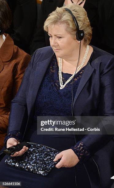 Erna Solberg attends the Nobel Peace Prize award ceremony at Oslo City Hall.