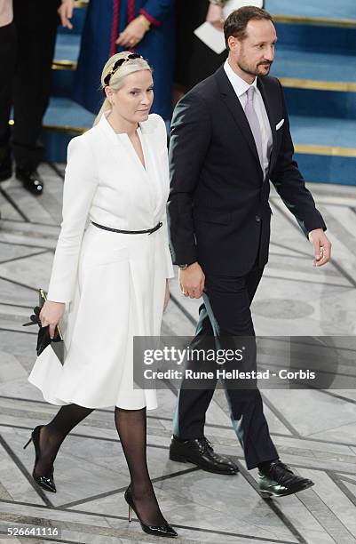 Crown Prince Haakon and Crown Princess Mette- Marit attend the Nobel Peace Prize award ceremony at Oslo City Hall.