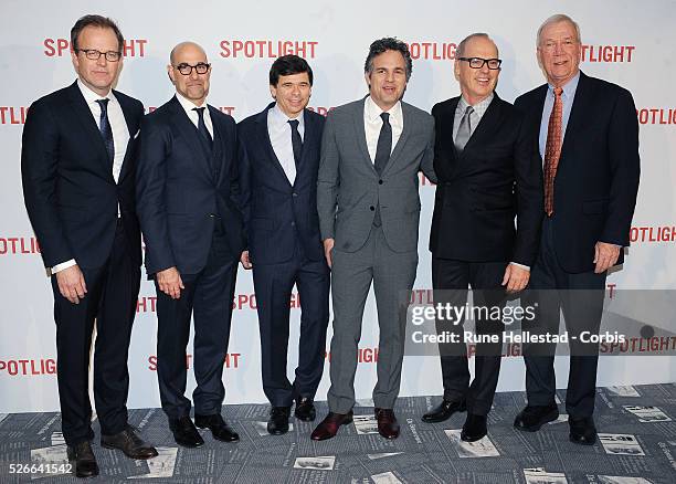 Tom McCarthy, Stanley Tucci, Michael Rezendez, Mark Ruffalo, Micheal Keaton and Walter V. Robinson attend the premiere of Spotlight at Curzon Mayfair.