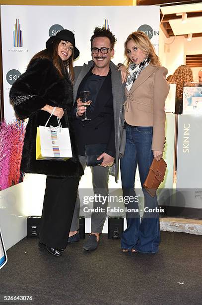 Cecilia Capriotti, Antonio Frana and Cristiana Corradi attend the SKIN INK store grand opening VIP party on February 18, 2016 in Milan, Italy