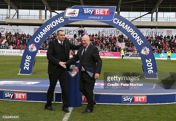 Former manager Graham Carr, who was the last Northampton Town manager to win a championship and current chairman Kelvin Thomas at the end of the Sky...