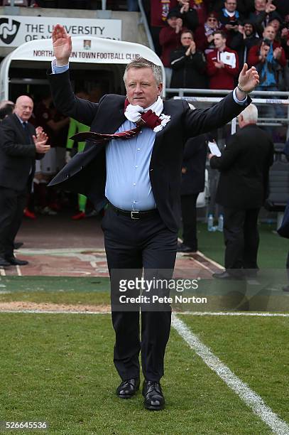 Northampton Town manager Chris Wilder takes the applause as he walks out to recieve his medal for winning Sky Bet League Two at the end of the Sky...