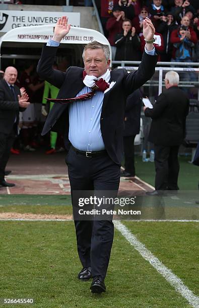 Northampton Town manager Chris Wilder takes the applause as he walks out to recieve his medal for winning Sky Bet League Two at the end of the Sky...