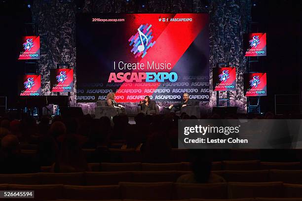 Journalist Melinda Newman, singer Pat Benatar and musician Neil Giraldo speak onstage during the 2016 ASCAP "I Create Music" EXPO on April 30, 2016...