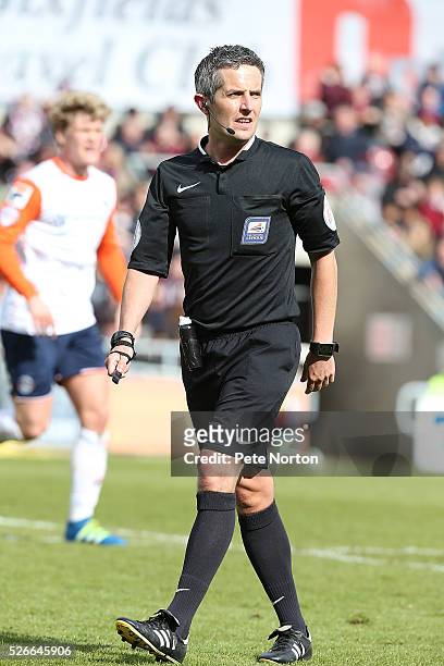 Referee Darren Bond in action during the Sky Bet League Two match between Northampton Town and Luton Town at Sixfields Stadium on April 30, 2016 in...