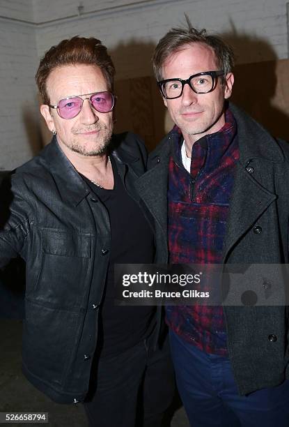 Bono and Spike Jonze pose backstage as he visits "Eclipsed" To launch a dedications series in honor of abducted Chibok Girls of Northern Nigeriaon at...