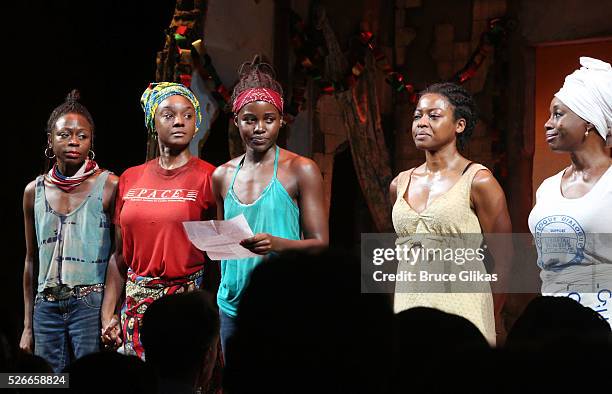 Lupita Nyong'o, Bono and the cast of Broadway's "Eclipsed" onstage as Bono visits "Eclipsed" to launch a dedication series in honor of abducted...
