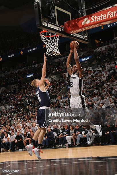 Kawhi Leonard of the San Antonio Spurs dunks the ball against the Oklahoma City Thunder in Game One of Western Conference Semifinals of the 2016 NBA...