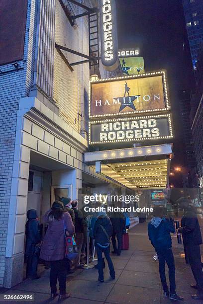 The marquee of the Richard Rodgers Theatre promotes the hip-hop musical "Hamilton" on Tuesday, December 22, 2015. The week ending Sunday, January 3,...