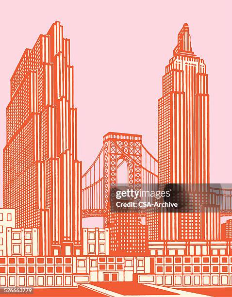 ilustraciones, imágenes clip art, dibujos animados e iconos de stock de paisaje urbano con puente - new york