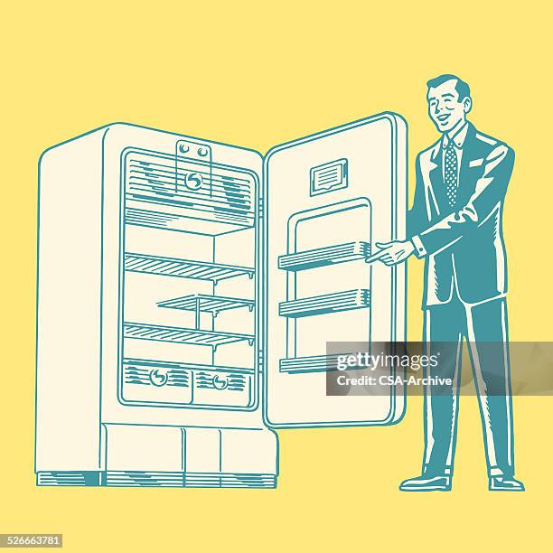 salesman showing a refrigerator - fridge line art stock illustrations