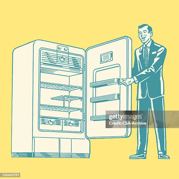salesman showing a refrigerator - open refrigerator vector stock illustrations
