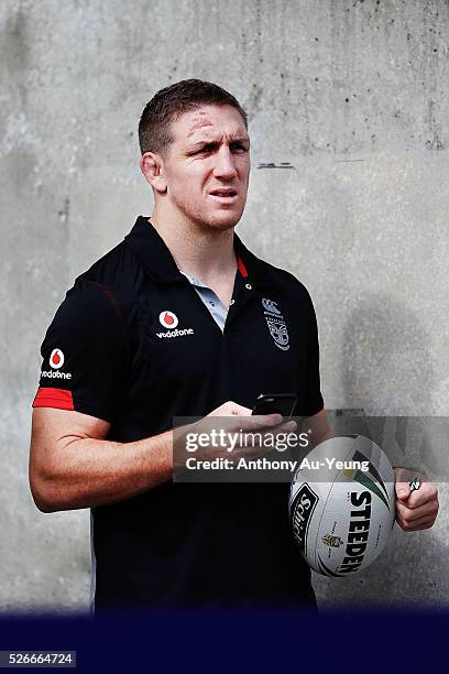 Ryan Hoffman of the Warriors watches from the sideline supporting his teammates during the round nine NSW Intrust Super Cup Premiership match between...