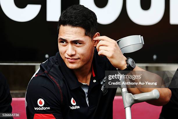 Roger Tuivasa-Sheck of the Warriors watches from the bench supporting his teammates during the round nine NSW Intrust Super Cup Premiership match...