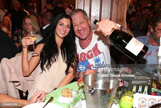 Host Hugo Bachmaier and Tina during the 11th anniversary 'Highway to Helles' of 'Bachmaier Hofbraeu' in Munich on April 30, 2016 in Munich, Germany.