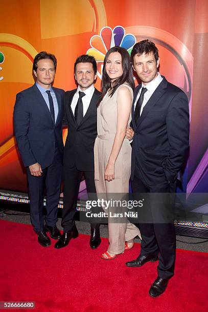 Scott Wolf, Freddy Rodriguez, Jill Flint and Eoin Macken attend the "2015 NBC Upfront Presentation" red carpet arrivals at Radio City Music Hall in...
