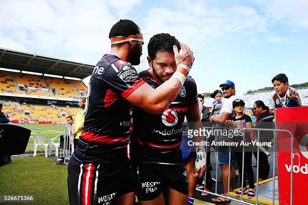 Konrad Hurrell and Bodene Thompson of the Warriors acknowledges each other after the round nine NSW Intrust Super Cup Premiership match between the...