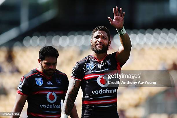 Manu Vatuvei of the Warriors waves to his family after the round nine NSW Intrust Super Cup Premiership match between the New Zealand Warriors and...