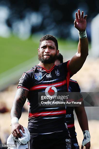 Manu Vatuvei of the Warriors waves to his family after the round nine NSW Intrust Super Cup Premiership match between the New Zealand Warriors and...
